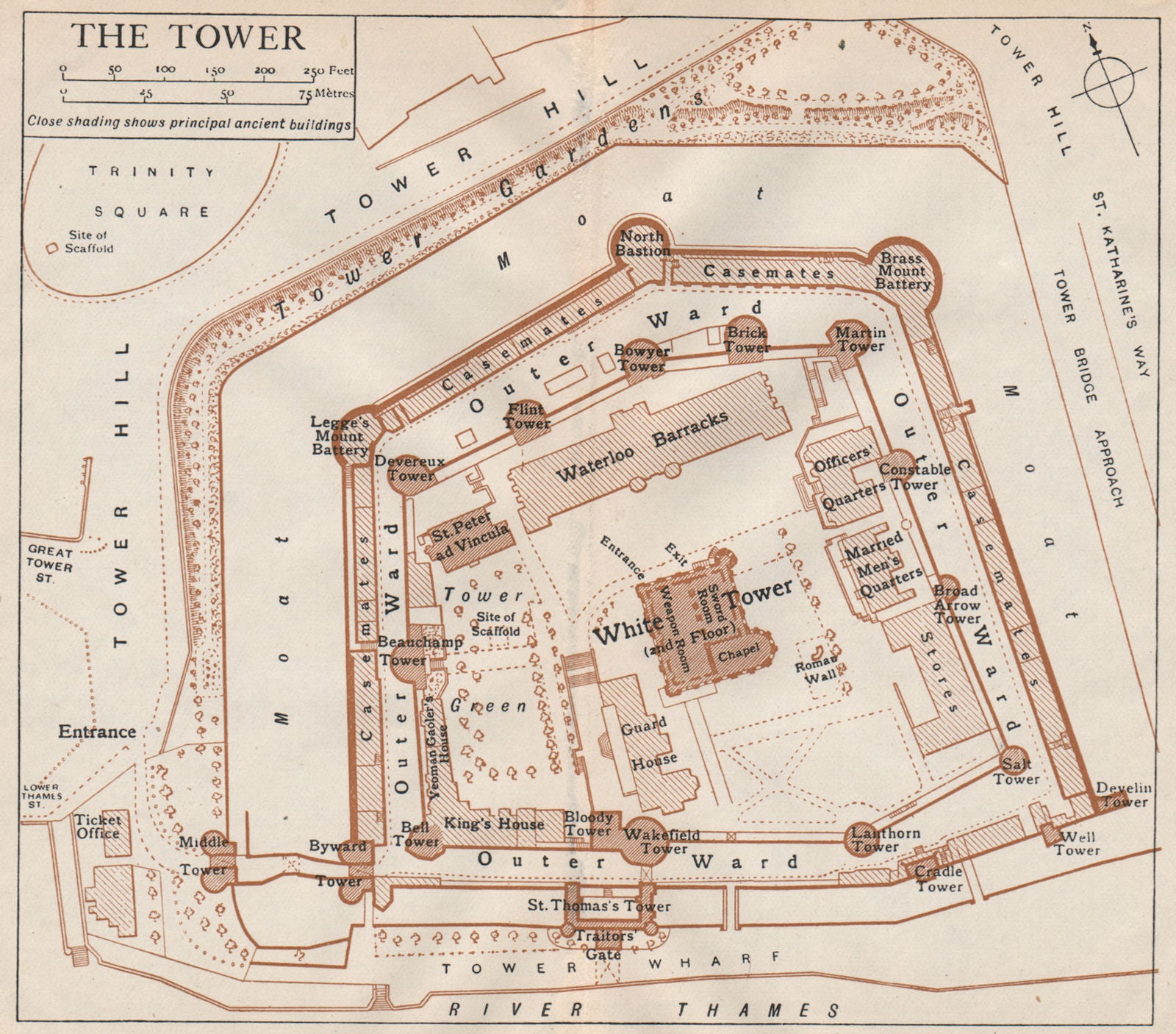 TOWER OF LONDON. Vintage map plan 1927 old vintage chart